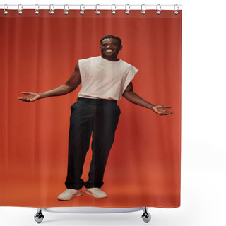 Personality  Happy African American Man In Trendy Casual Clothes Showing Welcoming Gesture With Open Arms On Red Shower Curtains