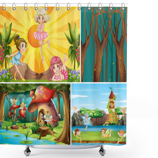 Personality  For Different Scene Of Fantasy World With Fantasy Places And Fantasy Character Such As Pumpkin House And Fairies Illustration Shower Curtains