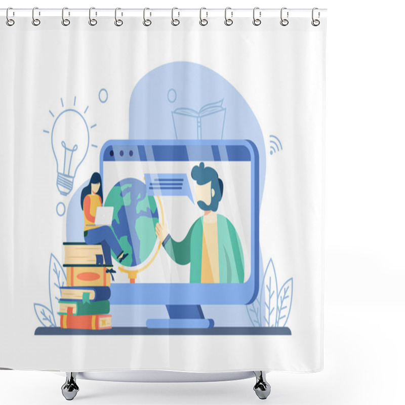 Personality  E-learning Concept. Man Teaching On Screen With A Earth Globe, Woman Watching Online Class On Stack Of Books. Online Education, Home Schooling, Distance Education.isolated Illustration Shower Curtains