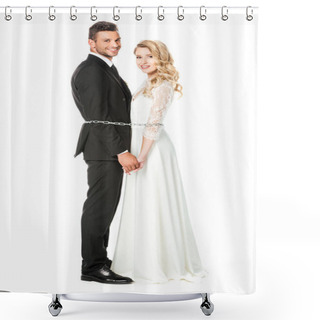 Personality  Happy Young Newlyweds Tied With Chain Back To Back And Looking At Camera Isolated On White Shower Curtains