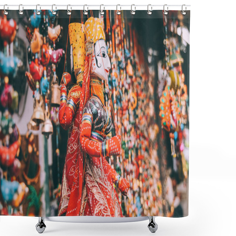 Personality  close-up view of colorful decorations hanging at Rajasthan, Pushkar shower curtains