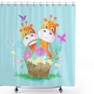 Personality  Cute Giraffes In The Spring Basket. Shower Curtains