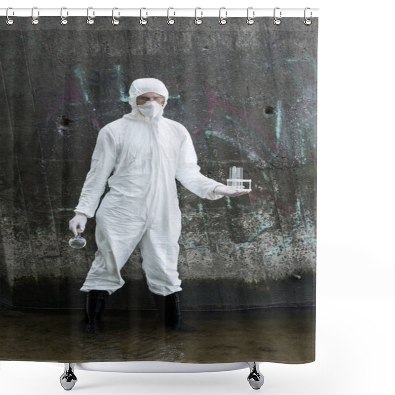 Personality  Full Length View Of Water Inspector In Protective Costume And Respirator Holding Test Tubes And Flask With Water Samples At River Shower Curtains