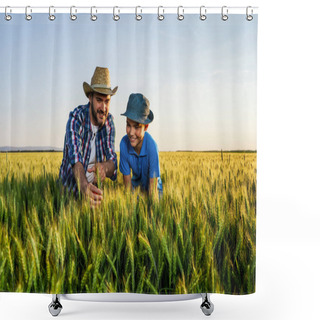 Personality  Father And Son Are Standing In Their Growing Wheat Field. Father Is Teaching His Successor About Agriculture. Shower Curtains