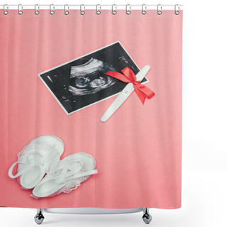 Personality  Top View Of Arrangement Of Childish Shoes, Ultrasound Scan And Pregnancy Test With Ribbon Isolated On Pink Shower Curtains