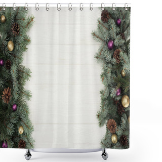Personality  Beautiful Evergreen Fir Twigs With Shiny Baubles And Pine Cones On White Wooden Background   Shower Curtains