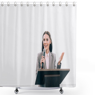 Personality  Attractive Smiling Lecturer Talking Into Microphone And Gesturing At Podium Tribune During Seminar In Conference Hall Shower Curtains