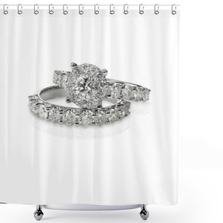 Personality  A Halo Setting Solitaire Set. Cluster Stack Of Diamond Wedding Engagment Rings Isolated On White Shower Curtains