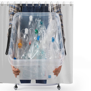 Personality  Partial View Of Man Holding Container With Plastic Bottles In Hands Isolated On Grey, Recycling Concept Shower Curtains