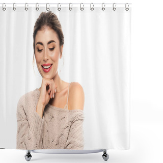Personality  Joyful Woman In Fashionable Sweater Posing With Hand Near Chin Isolated On White Shower Curtains