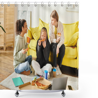 Personality  Three Young Women Of Different Races And Styles Sit On The Floor, Enjoying Pizza Together In A Cozy Setting. Shower Curtains
