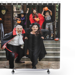 Personality  Frightened Couple In Halloween Costumes Running Out House From Creepy Kids Shower Curtains