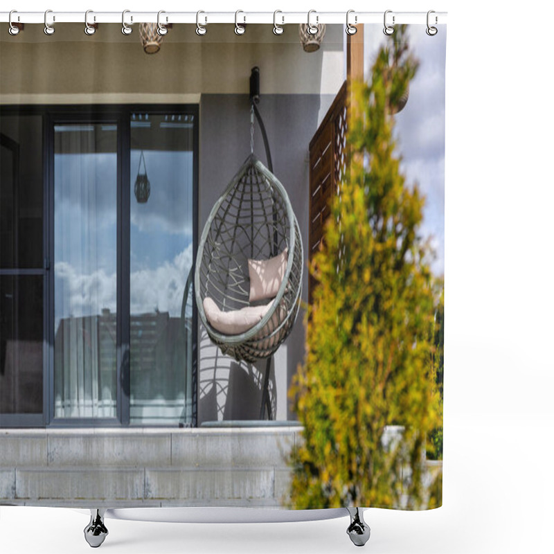 Personality  Modern Hanging Rattan Chair With Gray Pillows On The Summer Garden Terrace Shower Curtains