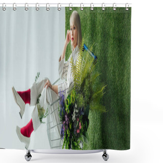 Personality  Panoramic Shot Of Fashionable Girl Sitting In Shopping Cart With Fern And Flowers On White With Green Grass Shower Curtains