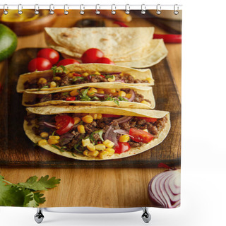 Personality  Fresh Tacos With Organic Ingredients On Wooden Background Shower Curtains
