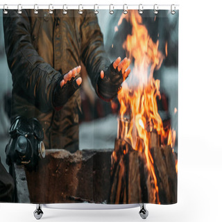 Personality  Stalker Warming Hands Near Fire, Post Apocalyptic Lifestyle With Gas Mask, Doomsday Concept Shower Curtains