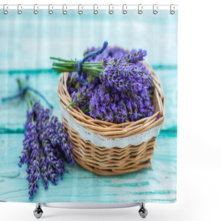 Personality  Lavender Flowers In A Heart-shaped Basket On A Wooden Background. Shower Curtains