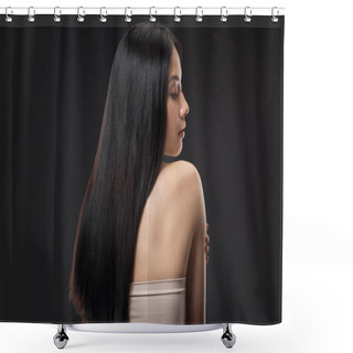 Personality  Back View Of Beautiful Asian Woman With Straight And Shiny Hair Isolated On Black Shower Curtains