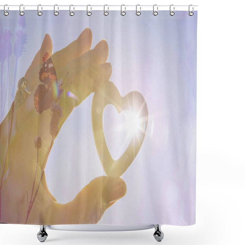 Personality  Balance Between People And Nature Concept. Restoring Balance In Nature. Positive Attitude Concept. Person Holding Heart Shape, Sun Star Effect On Background. Shower Curtains
