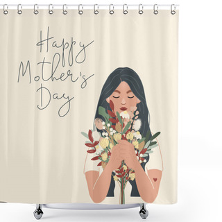 Personality  Illustration Of Woman Holding Bouquet Of Flowers Near Happy Mothers Day Lettering On Beige Shower Curtains