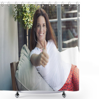Personality  Woman Giving Thumb Up Approval Hand Sign Gesture Smiling Shower Curtains