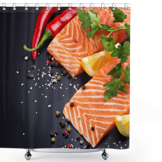 Personality  Fresh Salmon On Black Plate Shower Curtains