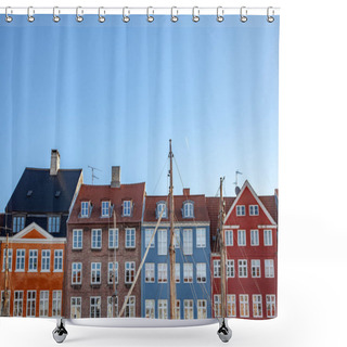 Personality  Beautiful Colorful Historical Buildings Against Blue Sky In Copenhagen, Denmark Shower Curtains