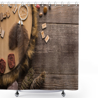 Personality  Top View Of Tambourine, Dreamcatcher With Smudge Sticks And Crystals On Wooden Background Shower Curtains