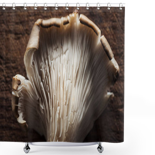 Personality  Close Up View Of Raw Fresh Mushroom On Textured Wooden Background Shower Curtains