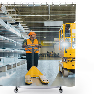 Personality  Handsome Indian Worker In Uniform Standing Near Pallet Jack In Warehouse Shower Curtains