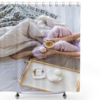 Personality  Overhead View Of Woman With Cup Of Coffee And Zephyr In Hands Resting In Bed Shower Curtains