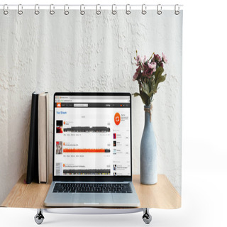 Personality  Laptop With Soundcloud Website On Screen, Books And Flowers In Vase On Wooden Table Shower Curtains