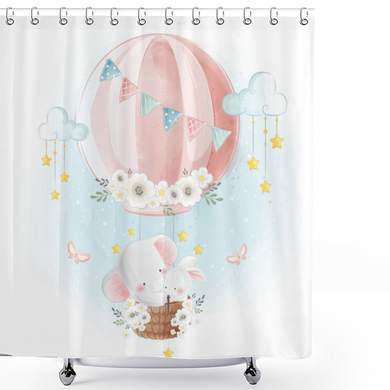 Personality  Cartoon Vector Illustration Of Cute Elephant And Bunny Flying With Hot Air Balloon Shower Curtains