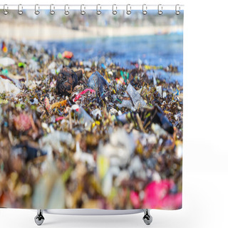 Personality  Closeup Plastic Trash On The Sandy Beach Of A Tropical Sea. Ecological Problem Of Garbage In The Oceans Shower Curtains