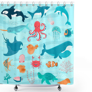 Personality  Underwater World Cartoon, Ocean Animals, Vector Illustration Shower Curtains