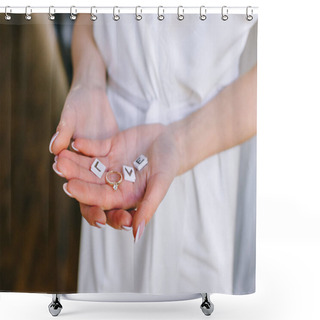 Personality  Hands Of Bride Holding Cubes With Word Love And Ring Shower Curtains