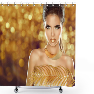 Personality  Fashion Beauty Girl Isolated On Golden Bokeh Background. Makeup. Shower Curtains