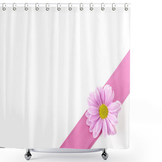 Personality  Empty Postcard Background With Oxeye Daisy Flower And Pink Ribbon Shower Curtains