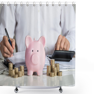 Personality  Businessman Calculating Invoice With Piggybank Shower Curtains