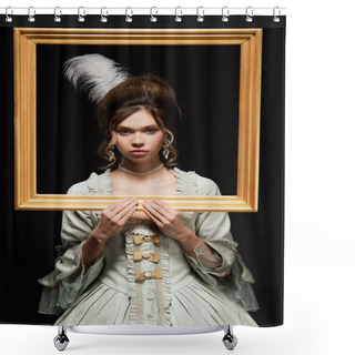 Personality  Young Vintage Style Woman Looking At Camera Through Golden Framing Isolated On Black Shower Curtains