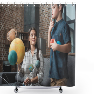 Personality  Mother And Son Assembling Galaxy Model Shower Curtains