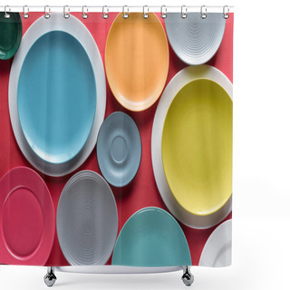 Personality  Stacks Of Colorful Porcelain Plates On Red Background Shower Curtains