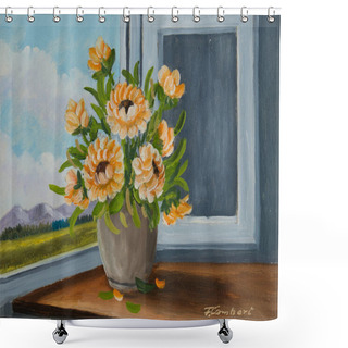 Personality  Still Life With Oil Paints - Orange Flowers At The Window In A Beige Vase Shower Curtains