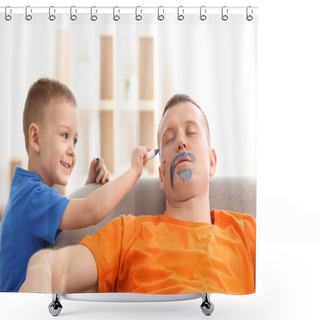 Personality  Little Boy Painting His Father's Face While He Sleeping. April Fool's Day Prank Shower Curtains