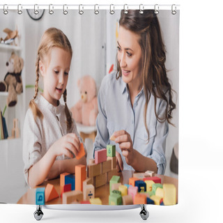 Personality  Happy Mother Playing Blocks With Adorable Little Child Shower Curtains