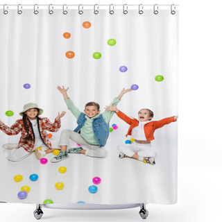 Personality  Cheerful Preteen Kids Sitting And Throwing Colorful Balls In Air On White  Shower Curtains