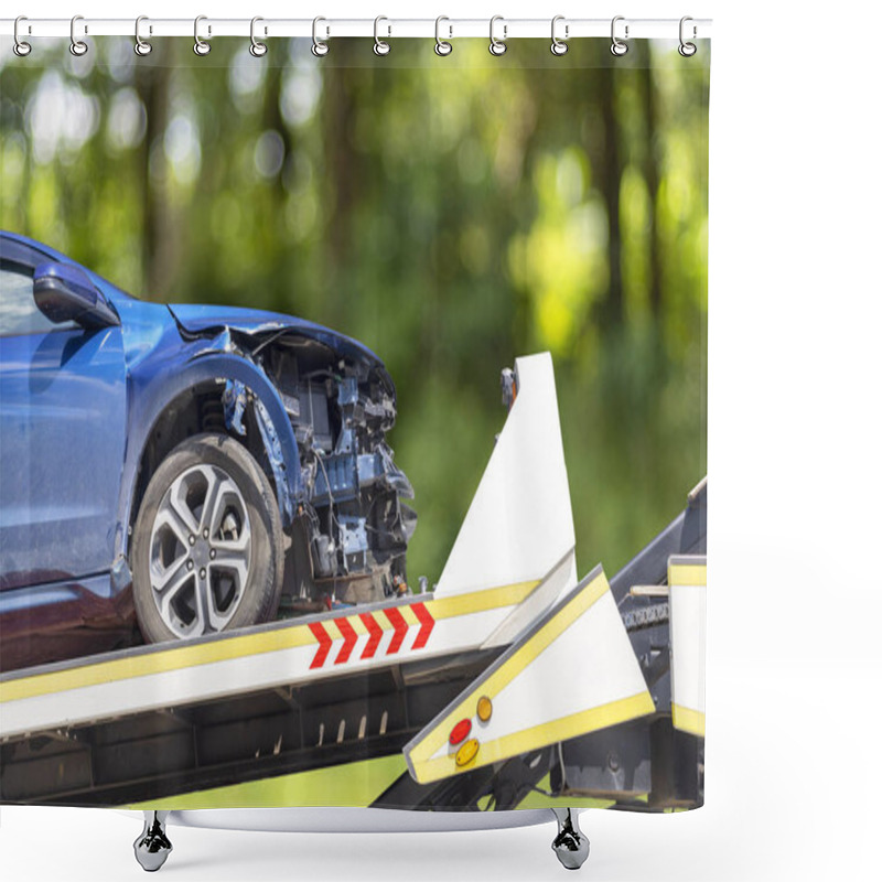 Personality  Accident Car Slide On Truck For Move. Blue Car Have Damage By Accident On Road Take With Slide Truck Move . Isolate On White Background . Shower Curtains