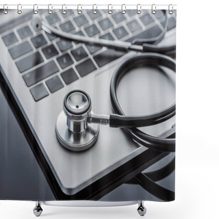 Personality  Selective Focus Of Stethoscope And Laptop On Glass Surface  Shower Curtains