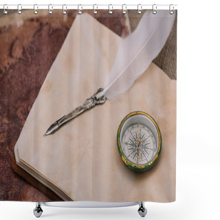 Personality  Nib And Compass On Blank Page Of Copy Book On Old World Map Shower Curtains