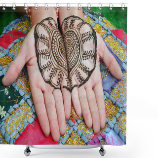 Personality  A Henna Tattoo On A Woman Hand. Colored Background Shower Curtains